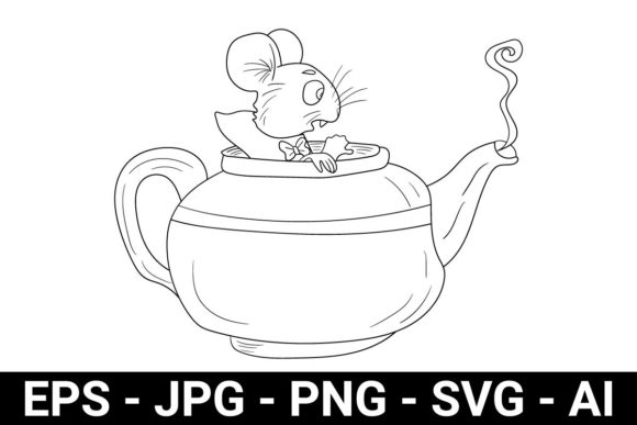 Outline Mouse on a Teapot Alice for Crafting
